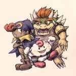  3boys armlet boots bowser doll geno_(mario) highres hisashicomv789 looking_at_another looking_at_viewer mallow_(mario) multiple_boys pink_hair red_eyes red_hair simple_background super_mario_rpg white_background 