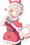  1girl animal_ears blush capelet christmas commentary_request curren_chan_(umamusume) finger_to_cheek fur-trimmed_capelet fur-trimmed_headwear fur_trim grey_hair hat heart highres horse_ears horse_girl horse_tail looking_at_viewer one_eye_closed purple_eyes red_capelet santa_costume santa_hat simple_background smile solo soranishi_hiro tail umamusume white_background wristband 