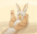  absurdres animal_ears animal_hands belly flatculture furry furry_female grey_hair highres hugging_own_legs legs_up looking_at_viewer lying made_in_abyss nanachi_(made_in_abyss) on_back presenting rabbit rabbit_ears sketch smile tail whiskers yellow_eyes 