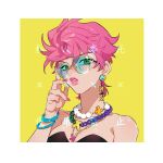  1girl absurdres bare_shoulders bracelet breasts earrings green_eyes highres honlo jewelry jojo_no_kimyou_na_bouken looking_at_viewer medium_breasts necklace pearl_necklace pink_hair pink_lips pink_nails portrait solo strapless sunglasses trish_una tube_top vento_aureo 