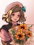  1girl bouquet braid flower grey_eyes grey_hair hat highres holding holding_bouquet krysha_pendleton riwancece_428 simple_background smile solo sunflower upper_body ys ys_ix_monstrum_nox 