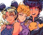  1girl 2boys arbitrium black_hair blonde_hair blue_eyes braid braided_ponytail diamond_wa_kudakenai double_bun giorno_giovanna green_eyes hair_bun heart higashikata_josuke highres jojo_no_kimyou_na_bouken kujo_jolyne multicolored_hair multiple_boys peace_symbol pompadour stone_ocean two-tone_hair vento_aureo 