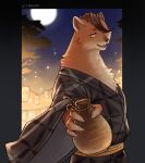  7theaven absurd_res alcohol anthro asian_mythology beverage brown_body brown_fur east_asian_mythology full_moon fur genshin_impact hi_res japanese_mythology kamaitachi male mammal mihoyo moon mustelid mythology sake sake_bottle solo yokai 