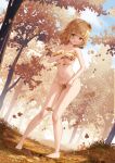  1girl aki_shizuha autumn autumn_leaves blonde_hair blush breasts collarbone commission completely_nude groin hair_ornament holding holding_leaf joko_jmc leaf leaf_hair_ornament maple_leaf medium_breasts navel nude open_mouth short_hair solo touhou yellow_eyes 