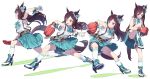  1girl absurdres animal_ears ball baseball baseball_mitt bike_shorts bow bowtie breasts brown_hair clenched_teeth collared_shirt gloves green_skirt high_heels highres holding holding_ball horse_ears horse_girl horse_tail kneehighs long_hair mejiro_dober_(umamusume) motion_blur multiple_views nishiki_kazue open_mouth purple_eyes sequential shirt simple_background skirt sleeveless small_breasts socks standing standing_on_one_leg suspender_skirt suspenders tail teeth throwing umamusume v-shaped_eyebrows white_background white_gloves white_shirt white_socks wristband 