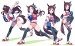  1girl absurdres animal_ears ball baseball baseball_mitt black_thighhighs blush brown_hair buruma clenched_teeth closed_mouth highres holding holding_ball horse_ears horse_girl horse_tail long_hair mejiro_dober_(umamusume) motion_blur multiple_views nishiki_kazue open_mouth pink_buruma puffy_short_sleeves puffy_sleeves purple_eyes race_bib sequential shirt shoes short_sleeves simple_background sneakers standing standing_on_one_leg tail teeth thighhighs throwing umamusume v-shaped_eyebrows white_background white_shirt 