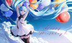 1girl absurdres arms_up balloon bangs black_bow black_thighhighs blue_eyes blue_hair blue_sky bow chungla cloud cloudy_sky dress floating_hair hair_between_eyes hatsune_miku highres long_hair looking_at_viewer sky smile solo teeth thighhighs twintails vocaloid white_dress 