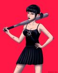  1girl absurdres black_hair cheek_piercing copyright_request ear_piercing gothic highres looking_at_viewer piercing punk red_background simple_background sukeban yankee 