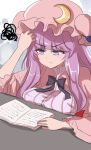  1girl annoyed bangs black_bow black_bowtie blunt_bangs book bow bowtie breasts closed_mouth commentary_request crescent crescent_hat_ornament frown hand_on_own_head hat hat_ornament highres large_breasts long_hair mob_cap namiki_(remiter00) open_book partial_commentary patchouli_knowledge purple_eyes purple_hair reading solo squiggle table touhou upper_body wide_sleeves 