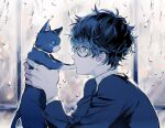  1boy amamiya_ren animal_hands bangs black_cat black_hair blue_eyes cat commentary glasses highres looking_at_animal looking_at_another morgana_(persona_5) noren_(noren1512) persona persona_5 rain school_uniform shuujin_academy_school_uniform water_drop window window_fog 