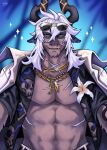  7theaven abs absurd_res anthro blue_eyes dragon eyewear eyewear_on_head gold_(metal) gold_jewelry gold_necklace hair hi_res horn istvan_(alchemy_stars) jewelry male muscular muscular_male necklace solo sunglasses sunglasses_on_head unbuttoned_shirt undone_shirt white_hair 