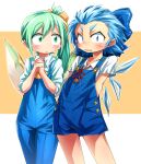  2girls adapted_costume ascot bangs blue_bow blue_eyes blue_hair blue_overalls blush bow cirno collared_shirt commentary cowboy_shot daiyousei fairy_wings flat_chest green_eyes green_hair hair_bow ice ice_wings interlocked_fingers looking_at_viewer multiple_girls neck_ribbon open_mouth overalls own_hands_together red_ribbon ribbon shimizu_pem shirt short_hair side_ponytail spiked_hair symbol-only_commentary touhou white_shirt wings yellow_ascot yellow_bow 