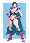  1girl abs absurdres artist_name blue_cape blue_choker breasts brown_hair cape chi-chi_(dragon_ball) chi-chi_(dragon_ball)_(cosplay) choker cirenk cleavage collarbone commission cosplay dragon_ball dragon_ball_(classic) full_body gloves hands_on_hips highres kazama_asuka pink_footwear pink_gloves revealing_clothes short_hair solo tekken thighs toned 