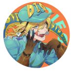  1boy blonde_hair blue_eyes brown_gloves character_name diego_brando dinosaur_tail glasgow_smile gloves hat highres honlo jojo_no_kimyou_na_bouken long_sleeves looking_at_viewer male_focus portrait scary_monsters_(stand) solo stand_(jojo) steel_ball_run sweater tail teeth tongue tongue_out 