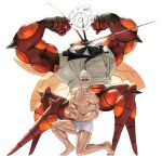  1boy animal beard biceps black_gloves buzzwole character_request crab crustacean facial_hair final_fantasy final_fantasy_xiv fingerless_gloves flexing gloves godbert_manderville grey_jacket highres holding holding_poke_ball jacket large_pectorals male_focus male_swimwear muscular muscular_male pectorals poke_ball pokemon potion_lilac shirt short_hair simple_background sunglasses swim_briefs thighs white_background white_hair white_male_swimwear white_shirt 