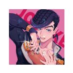  1boy absurdres birthmark character_name diamond_wa_kudakenai earrings fingernails gakuran heart higashikata_josuke highres honlo jewelry joestar_birthmark jojo_no_kimyou_na_bouken long_sleeves looking_at_viewer male_focus parted_lips peace_symbol pompadour portrait purple_eyes purple_hair school_uniform smile solo 