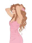  1girl adjusting_hair aerith_gainsborough armpits arms_up bow breasts brown_hair cleavage dress drill_hair eyelashes final_fantasy final_fantasy_vii green_eyes hair_bow highres jen_bartel long_hair parted_lips pink_dress simple_background solo spaghetti_strap twin_drills upper_body wavy_hair white_background 