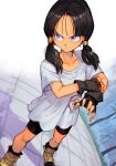  1girl bike_shorts black_gloves black_hair collarbone determined dragon_ball dragon_ball_z fingerless_gloves forehead gloves hair_strand hungry_clicker looking_to_the_side medium_hair purple_eyes shirt short_twintails solo twintails videl white_shirt 