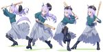  1girl absurdres animal_ears black_footwear black_headwear boots brown_pantyhose closed_mouth ear_bow green_shirt grey_skirt high_heel_boots high_heels highres horse_ears horse_girl horse_tail long_hair long_sleeves mejiro_mcqueen_(umamusume) motion_blur multiple_views nature nishiki_kazue open_mouth pantyhose purple_eyes sequential shirt shirt_tucked_in sideways_mouth simple_background skirt standing standing_on_one_leg tail thighband_pantyhose umamusume v-neck v-shaped_eyebrows white_background 