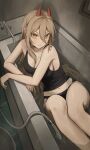  1girl absurdres arm_rest bangs bare_arms bare_legs bare_shoulders bathtub black_panties black_tank_top breasts brown_eyes brown_hair chainsaw_man cleavage closed_mouth commentary_request crop_top faucet feet_out_of_frame frown hair_between_eyes highres horns indoors knees_up kongsi long_hair looking_at_viewer medium_breasts midriff navel no_pants panties partially_submerged power_(chainsaw_man) red_horns shower_head sideboob sidelocks sitting solo symbol-shaped_pupils tank_top thighs tile_floor tiles underwear v-shaped_eyebrows water wet 