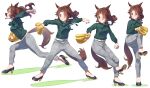  1girl :o absurdres animal_ears ball bangs baseball baseball_mitt belt breasts brown_hair clenched_teeth green_eyes green_shirt grey_pants high_heels highres holding holding_ball horse_ears horse_girl horse_tail long_sleeves medium_hair mejiro_palmer_(umamusume) motion_blur multicolored_hair multiple_views nishiki_kazue open_mouth pants parted_bangs ponytail shirt shirt_tucked_in simple_background small_breasts standing standing_on_one_leg streaked_hair tail teeth throwing umamusume v-shaped_eyebrows white_background 