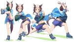  1girl absurdres animal_ears ball baseball baseball_mitt belt blue_jacket blue_shorts bracelet breasts brown_hair clenched_teeth closed_mouth highres holding holding_ball horse_ears horse_girl horse_tail jacket jewelry medium_breasts mejiro_ryan_(umamusume) midriff motion_blur multicolored_hair multiple_views navel necklace nishiki_kazue open_mouth purple_eyes sequential shoes short_hair short_shorts shorts simple_background sneakers standing standing_on_one_leg tail tank_top teeth throwing two-tone_hair umamusume v-shaped_eyebrows watch white_background wristwatch 