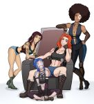  4girls abs afro arcane:_league_of_legends arcane_jinx arm_tattoo asymmetrical_bangs asymmetrical_gloves asymmetrical_hair bangs bare_shoulders beretta_92 beretta_92fs big_hair bike_shorts black_bodysuit black_choker black_footwear black_gloves black_lagoon black_sports_bra black_tank_top blue_hair bodysuit boots bra braid breasts brown_eyes brown_hair casual choker clothing_cutout cloud_tattoo combat_boots crash_(quake) crazy crazy_eyes crazy_smile crop_top crossed_legs dark-skinned_female dark_skin day_of_wrath_(infinitypilot) deadpool_(movie) deadpool_2 denim denim_shorts desert_eagle domino_(marvel) doom_(series) doom_eternal elbow_gloves fingerless_gloves formal gloves grin gun gym_shorts halter_shirt halterneck handgun highres holster jewelry jinx_(league_of_legends) league_of_legends leather leather_gloves looking_at_viewer marvel medium_breasts midriff multiple_girls muscular muscular_female necklace on_floor original pale_skin pants pink_eyes ponytail purple_eyes quake quake_3_arena red_eyes red_hair revy_(black_lagoon) scar scar_on_chest second-party_source shorts shoulder_holster shoulder_tattoo sinister sitting sleeveless sleeveless_bodysuit smile smirk smug soulbreaker_(day_of_wrath) spacemaxmarine sports_bra standing stomach_cutout striped striped_pants suit tank_top tattoo throne twin_braids twintails underwear vitiligo weapon x-men 