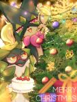  bauble cake christmas christmas_tree food gift highres holding holding_food looking_ahead looking_at_viewer no_humans pokemon pokemon_(creature) toro_nika tree 