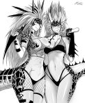  2022 abs anthro bikini bikini_top breast_squish breasts clothed clothing collar duo ear_piercing ear_ring featureless_breasts female female/female fishnet_clothing greyscale hair holding_knife holding_object horn humanoid knife licking licking_lips lok_polymorfa(artist) long_hair monochrome monster navel nipple_outline one-punch_man one_(manga) piercing raptora reptora ring_piercing scales scalie snaggle_tooth squish swimwear tongue tongue_out topless weapon 