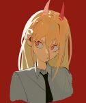  1girl black_necktie blonde_hair chainsaw_man collared_shirt cross-shaped_pupils hair_between_eyes highres horns joosibi long_hair looking_to_the_side necktie open_mouth power_(chainsaw_man) red_background red_eyes red_horns sharp_teeth shirt simple_background solo symbol-shaped_pupils teeth white_shirt 