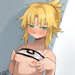  1girl bandeau bangs blonde_hair blush breasts closed_mouth clothes_lift dated fate/apocrypha fate/grand_order fate_(series) green_eyes guman_project hair_ornament hair_scrunchie highres lifted_by_self looking_at_viewer mordred_(fate) mordred_(fate/apocrypha) nipples paid_reward_available ponytail red_scrunchie scrunchie signature simple_background small_breasts solo sweat upper_body white_bandeau 