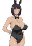  1girl absurdres animal_ears arado_balanga_(xchd7538) arm_behind_back bare_shoulders black_bow black_bowtie black_hair black_leotard blush boruto:_naruto_next_generations bow bowtie breasts cleavage detached_collar fake_animal_ears hand_on_hip highres hyuuga_hinata legs_together leotard light_smile mature_female naruto_(series) playboy_bunny rabbit_ears shiny shiny_skin short_hair simple_background solo strapless strapless_leotard thighs wrist_cuffs 