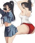  1girl absurdres adjusting_hair after_kiss armpits ass black_hair blue_archive blush breast_grab breasts casual grabbing groping halo heart highres mask midriff mouth_mask open_mouth ponytail red_shorts saliva saliva_trail short_shorts shorts sitting sukeban sukeban_(smg)_(blue_archive) sweat tank_top white_tank_top 