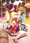  1girl absurdres barefoot blonde_hair blurry blurry_background cage crystal dfra flandre_scarlet full_body hat hat_ribbon highres long_hair looking_at_viewer mob_cap one_side_up open_mouth red_eyes red_ribbon red_skirt ribbon short_sleeves sitting skirt solo touhou wariza white_headwear wings 