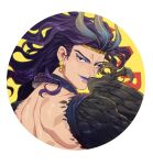  1boy back battle_tendency character_name earrings evil_smile feathers headpiece highres honlo jewelry jojo_no_kimyou_na_bouken kars_(jojo) long_hair looking_at_viewer looking_back male_focus muscular muscular_male portrait purple_hair purple_lips red_eyes smile solo very_long_hair wings 