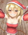  1girl alternate_costume arms_up bare_shoulders blurry blurry_background blush breasts collarbone cowboy_shot depth_of_field detached_sleeves fangs flandre_scarlet floor from_above fur-trimmed_sleeves fur_trim grin hair_ornament hat highres looking_at_viewer medium_breasts santa_hat selfie smile solo star_(symbol) star_hair_ornament szl touhou wings 