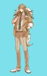  1boy belt black_gloves brown_hair brown_jacket brown_pants full_body fur_trim gloves hair_between_eyes hand_in_pocket highres jacket lycanroc necktie pants personification pokemon shirt shoes simple_background solo standing tail white_footwear white_shirt woborou 