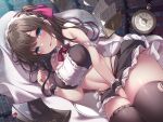  between_legs black_hair blue_eyes blush book breasts clock frills hair_in_mouth hand_between_legs highres long_hair maid maid_headdress navel original panties skirt sweat toyosaki_shu underwear 