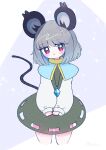  1girl :c animal_ears capelet cowboy_shot cropped_legs dotaku_(wran8845) grey_hair highres jewelry looking_at_viewer mouse mouse_ears mouse_tail nazrin pendant red_eyes short_hair side_ponytail solo tail touhou v_arms 