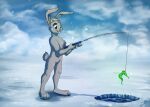  absurd_res anthro bavillabunn3 cold detailed fishing fishing_rod fur hi_res horn lagomorph leporid lupiarts male mammal nude rabbit smile solo squirmle 