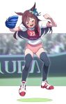  &gt;_&lt; 1girl absurdres animal_ears baseball_mitt black_thighhighs blush brown_hair buruma clenched_hands full_body hands_up highres horse_ears long_hair mejiro_dober_(umamusume) nishiki_kazue open_mouth pink_buruma puffy_short_sleeves puffy_sleeves race_bib shirt shoes short_sleeves sneakers solo thighhighs umamusume white_shirt 