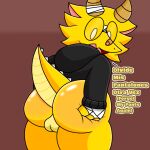  1:1 anthro balls big_butt butt butt_focus butt_grab clothing cuernos_da_dragon digital_media_(artwork) dragon english_text genitals hand_on_butt hi_res horn huge_butt looking_back lyncario male nude open_mouth scalie simple_background solo spanish_text text thick_thighs 