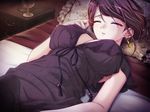  1girl bed breasts brown_hair cleavage earrings eyes_closed game_cg hell_guide indoors jewelry m_no_violet mole open_mouth pillow see-through sleeping solo 