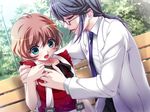  2girls aqua_eyes brown_hair game_cg glasses grope groping hell_guide m_no_violet multiple_girls 