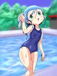  :o blue_hair chain-link_fence fence green_eyes long_hair looking_at_viewer pool sashi school_swimsuit solo swim_cap swimsuit wet 