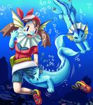  blue_eyes brown_hair bubble claws clothing edmol eeveelution female fish hair haruka_(pokemon) hat marine may_(pokemon) nintendo pants pok&#233;mon pokemon sea shoes skirt transformation underwater vaporeon video_games water what_has_science_done 