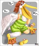  beak edmol feathers green_shirt orange_hair pellican red_eyes sandals shirt transformation webbed_feet 