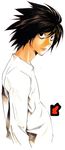  1boy arrow artist_request bags_under_eyes black_eyes black_hair death_note l l_(death_note) male male_focus messy_hair photoshop shirt shueisha simple_background solo spiked_hair spikey_hair white white_background white_shirt 