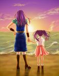  age_difference beach boots faris_scherwiz female final_fantasy final_fantasy_v girl hand_holding hebiitigo long_hair ocean pigtails purple_hair sea shirt short_twintails skirt sky sun twintails wristband you-stg 