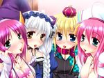  4girls aqua_eyes araiguma bat blonde_hair blue_eyes blush bow braid breasts character_request choker cleavage collar crown erina_mina flora_mina frills game_cg green_eyes hat headband horns jewelry lilith_luna multiple_girls necklace nina_luna photoshop pink_hair purple_hair ribbon tongue trouble_succubus white_hair yellow_eyes 